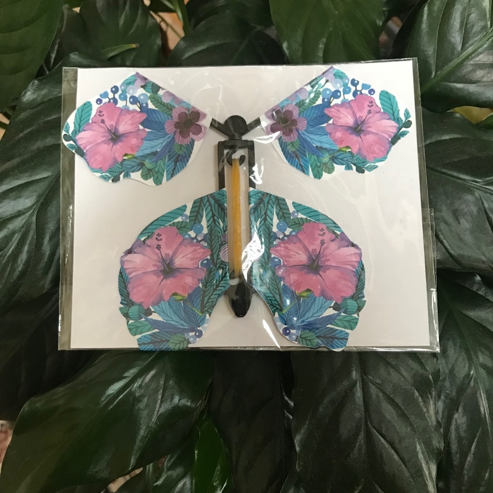 Butterfly Toy Wind and Let Go Book Gift Box and Card Insert Blue Pink Flowers